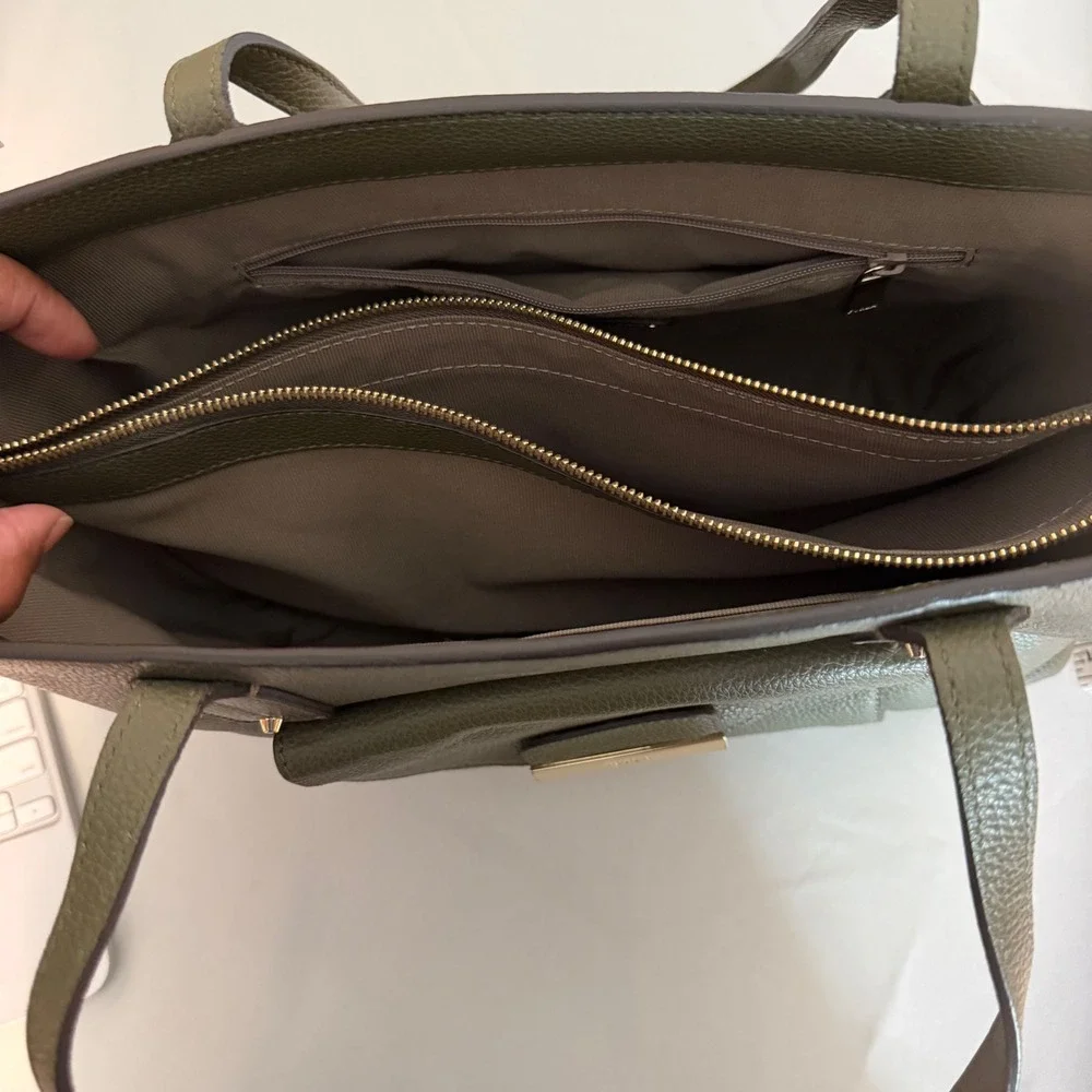 🔵 Furla Olive‎ Green Pebbled Leather Tote Bag Gold Hardware Shoulder Italy